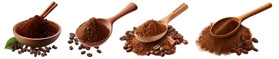 Wooden spoon filled with ground coffee and coffee beans on white background