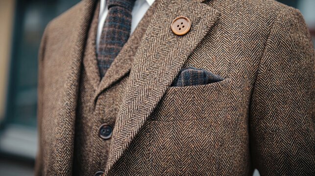 A close-up of an elegant brown tweed suit featuring a herringbone pattern, accompanied by Mocha Mousse