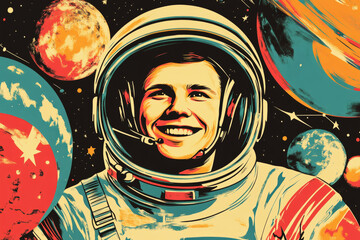 A retro-styled poster featuring a smiling astronaut with planets and stars, celebrating Cosmonautics Day, perfect for honoring the first human in space