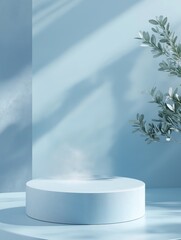 Powder Blue Serenity Concept. Minimalist blue display with round pedestal and greenery accent.
