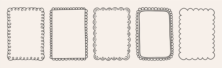 Set of cute hand drawn doodle rectangle frames. Simple wavy lines with curls. Perfect for designing cards, invitations, and creative projects