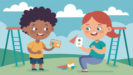 Two children exchanging stickers and trading cards on the playground excited to have found common interests.. Vector illustration