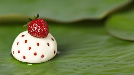 Obraz premium Strawberry tops dessert on leaf. Lush background evokes freshness, ideal for food or nature blog