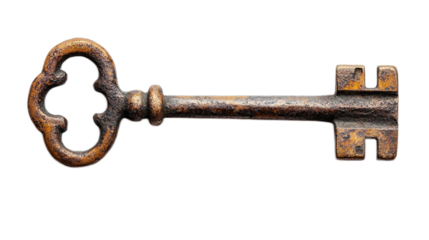 Vintage key with ornate design, symbolizes security and unlocking potential, isolated on white background for various creative uses in imagery