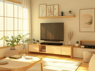 Fototapeta premium A bright and stylish modern living room interior design is shown