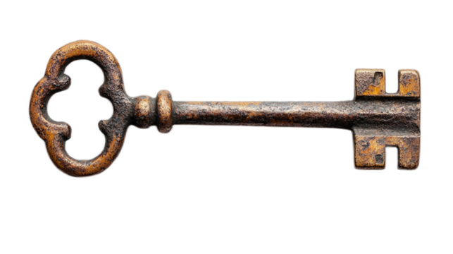 Vintage key with ornate design, symbolizes security and unlocking potential, isolated on white background for various creative uses in imagery