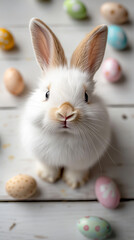 Adorable white bunny with fluffy fur sitting on a rustic wooden surface surrounded by pastel-colored Easter eggs. Concept of Easter celebration, springtime joy, and festive decoration.