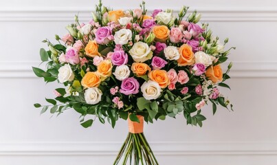 Vibrant bouquet of mixed roses,  white wall background,  floral arrangement,  gift