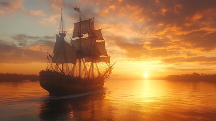Fototapeta premium Sailing ship glides across water at sunset with vibrant orange sky