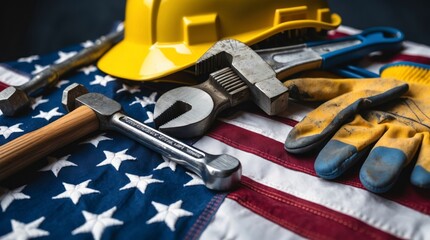 Labor Day Tools on American Flag Hard Hat, Wrench, Gloves