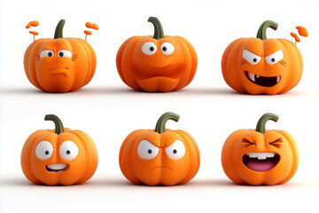A set of 6 cute 3D pumpkin characters with smiling faces and varied emotions, isolated on a white background, perfect for fall-themed animations and playful designs