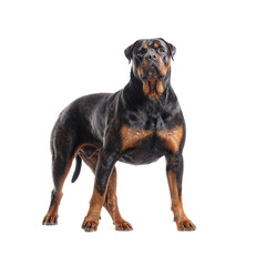 Obraz premium Majestic Rottweiler with glossy black and tan coat exuding strength and confidence against a white backdrop