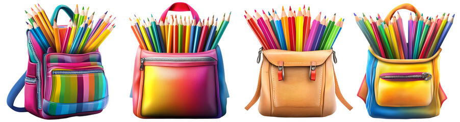 Fototapeta premium Collection of colorful school supply bags filled with pencils markers and brushes on transparent background