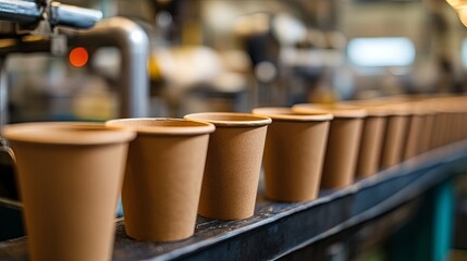 Production of brown paper cups in an industrial factory environment