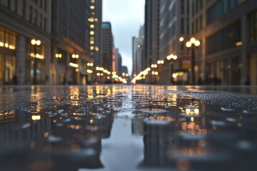 Fototapeta premium a city street with raindrops on the pavement, reflecting the lights and buildings at dusk. The background is blurred
