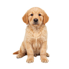 Adorable Golden Retriever puppy with fluffy golden fur and a curious expression on a clean white background