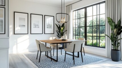 Fototapeta premium Modern dining room with large window. Interior design and home decor