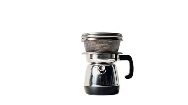 Stainless Steel Coffee Brewer with Filter for Manual Brewing, Isolated on a White Background, Perfect for Modern Coffee Lovers and Enthusiasts
