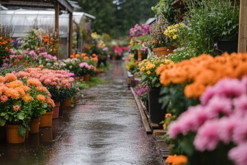 Naklejka premium A rain-soaked alley in an old flower shop, with colorful chrysanthemums and potted plants