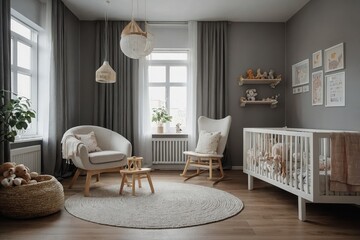 Stylish scandinavian newborn baby room with toys, children's chair
