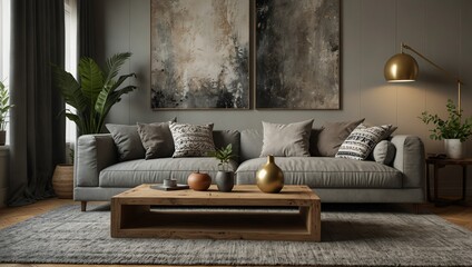 The stylish boho compostion at living room interior with design gray sofa 