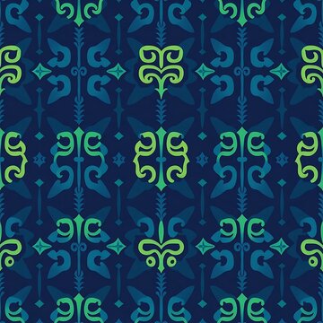 Indigo and Lime Geometric Pattern: This seamless pattern blends a calming indigo backdrop with vibrant lime green geometric motifs, creating a visually stimulating design for textiles.