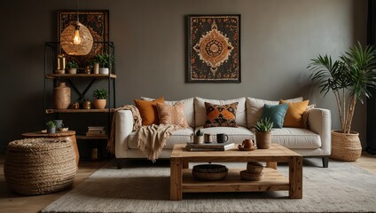 The stylish boho interior of sitting room in cozy apartment with design coffee table