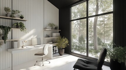 Fototapeta premium Modern home office with winter forest view