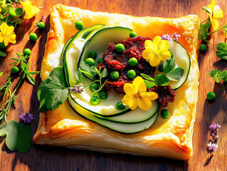 Gourmet vegetable tart with edible flowers and herbs on wooden table