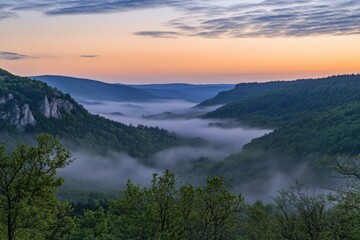 Fototapeta premium Beautiful, misty valley with forests and mountains at dawn in the Alps, a natural landscape
