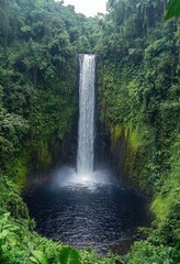 Serene Tropical Waterfall Cascading into a Crystal Clear Pool Surrounded by Lush Greenery in a Rainforest Landscape