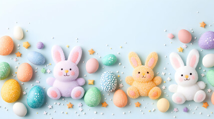 Bunnies and eggs scattered on blue surface with stars, festive, cute holiday