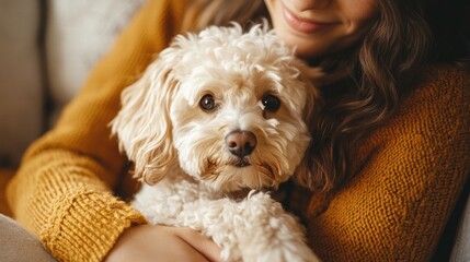 Woman playing with Maltipoo dog on cozy couch.