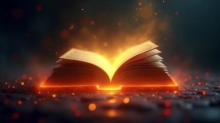 Open magic book on table with bright fiery sparks