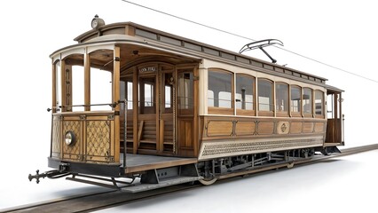 Fototapeta premium Vintage Electric Tram with Classic Wooden Design Isolated on white Background