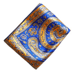 Elegant silk scarf with intricate blue and gold paisley pattern, showcasing luxurious fabric design...