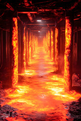 Fototapeta premium Burning Pillars Inferno-like molten river flowing in subterranean tunnel