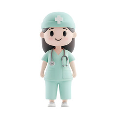 A 3D rendering of a cute cartoon female doctor or nurse. She has on her medical scrubs. Her stethoscope hangs around her neck.
