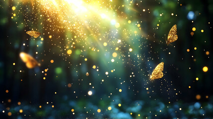 Butterflies fly in sunbeams through a forest with blurred green background
