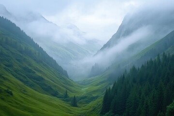 Obraz premium Beautiful, misty valley with forests and mountains at dawn in the Alps, a natural landscape