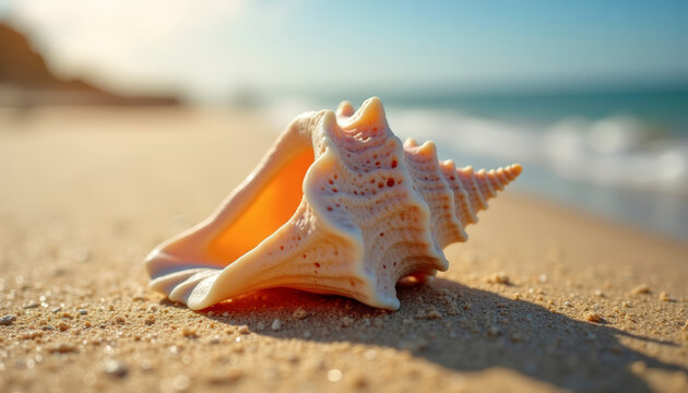 Beautiful seashell resting on a sandy beach at sunset near the ocean shore