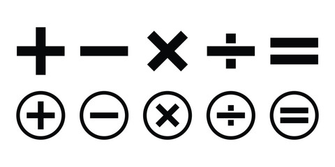 Obraz premium Plus, minus, multiply, divide and equal sign icon design set. Addition, subtraction, multiplication, division, equal sign, icon symbol. Mathematical symbol icon.