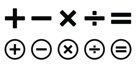 Plus, minus, multiply, divide and equal sign icon design set. Addition, subtraction, multiplication, division, equal sign, icon symbol. Mathematical symbol icon.