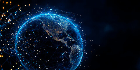 Digital Earth With Glowing Network Connections At Night, Representing Global Communication, Blockchain Technology, And Data Exchange. Futuristic Concept For Finance, AI, And International Business