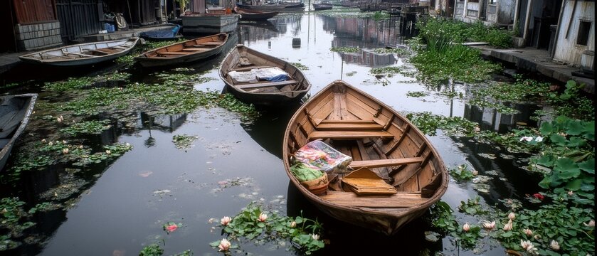 Wooden boats rest peacefully on a lily-covered canal, surrounded by rustic buildings in a charming, sleepy village. - Powered by Adobe