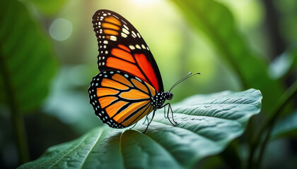 Colorful butterfly resting on a green leaf in a vibrant natural setting during daylight