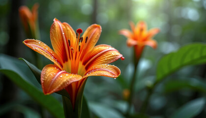 Vibrant orange lilies blossom in a lush green forest setting during the early morning light