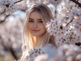 Girl smiles in cherry blossoms, spring portrait