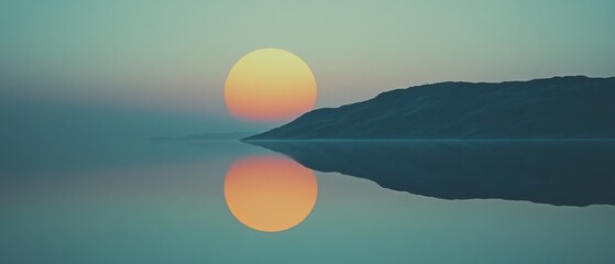 Reflective sunset mirrors over tranquil waters, creating a mesmerizing and serene horizon of soft colors blending into dusk.