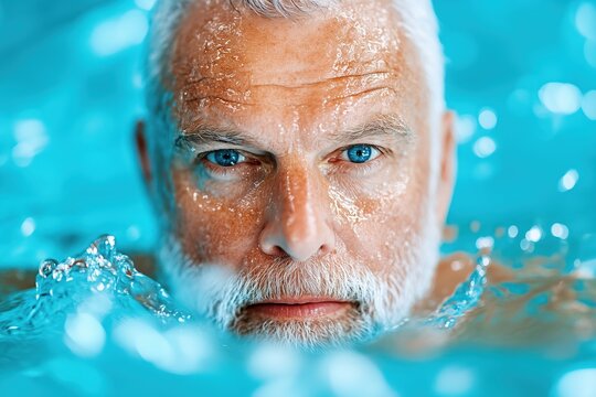 Joyful moments of an elderly man swimming in a pool showcasing happiness and vitality in his golden years